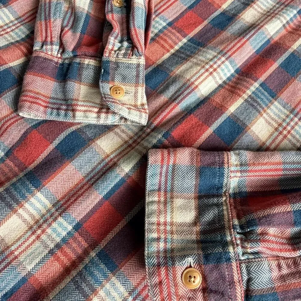 Vintage J.Crew Men's Red Cream Blue Pullover Plaid Button Up Collared Shirt